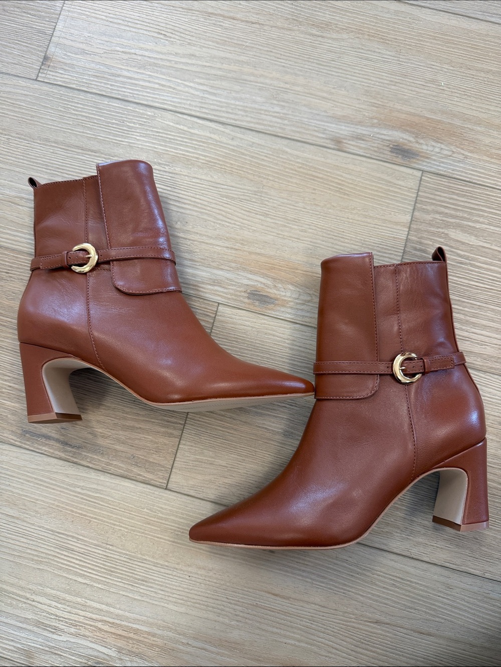Women's Tan Leather Pointed Ankle Boots with Gold Buckle